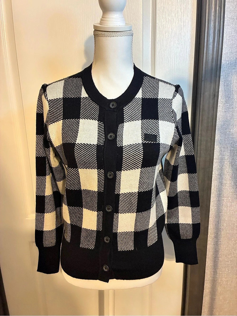 DKNY Checkered Cardigan in Black & White Size Medium